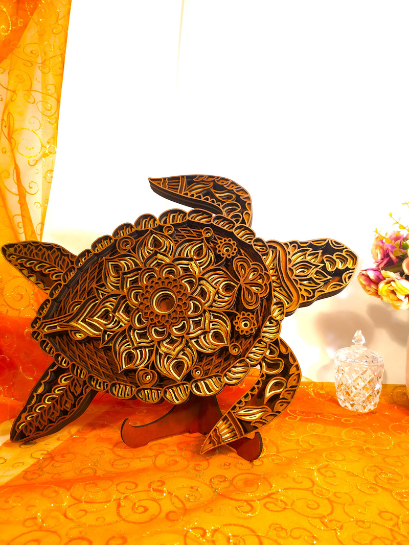 Mandala Sea Turtle Multilayer Wood Wall Art | 3D Laser Cut Ocean Decor